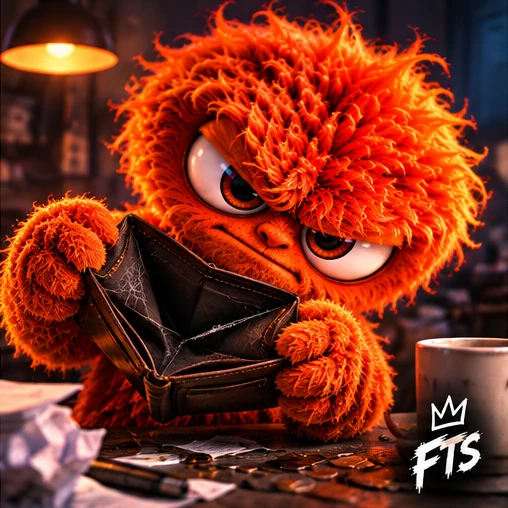 Orange FTS mascot holding open an empty wallet